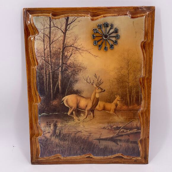 Vintage Lacquered Wood Wall Clock Deer Running in Woods 14x18 inches Retro - Picture 9 of 12